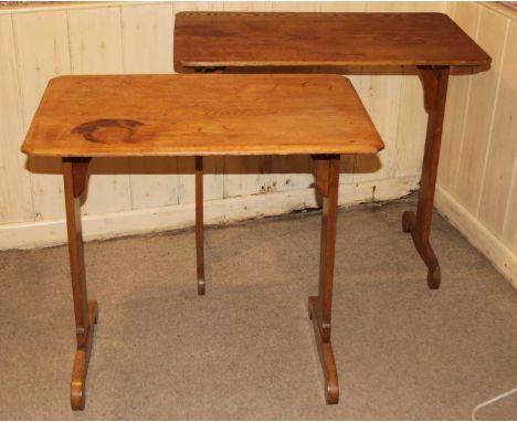 A Victorian light oak side table, having chamfered edges, raised on plain end cut supports, h.73cm, w.76cm, d.48cm; together 