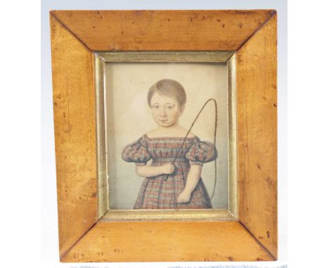 Circa 1830 English school - half-length portrait of a young girl with riding crop, miniature watercolour on paper, 10.3 x 8.5