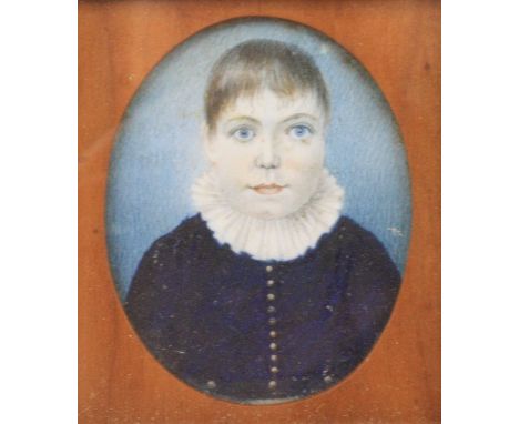 Early 19th century English school - Bust portrait miniature of a young boy, wearing a blue buttoned tunic and frilled collar,