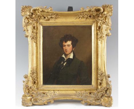 Early 19th century English school - half-length portrait of a young gentleman wearing a black neck scarf, oil on canvas, 26 x