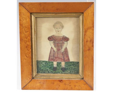 Mid-19th century English school - a naive portrait of a standing child wearing a mauve dress, watercolour, 12. 5 x 9.5cm; tog