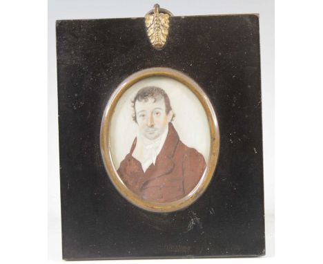 Mid-19th century English school - Bust portrait of a man wearing a brown jacket and silk neck scarf, miniature watercolour on