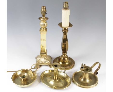 A brass table lamp, having a fluted sconce on a square column and square fluted base, 37cm (including fitting), together with