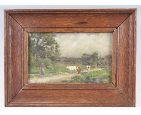 Early 20th century English school - Woman with cattle on a country lane, oil on canvas board, indistinctly inscribed verso, 1