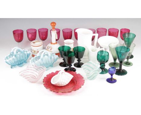 A collection of mixed coloured glassware, 19th century and later, to include a Bohemian ruby overlaid glass decanter, slag gl