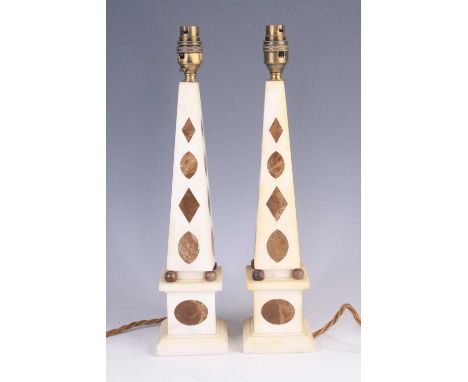 A pair of late 20th century alabaster table lamps, each of obelisk form on a square plinth, h.41cm. (including fittings)Overa