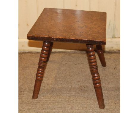 A 19th century burr yew square low occasional table, raised on bobbin ring turned oak legs, h.36cm, w.34.5cm, d.34.5cm