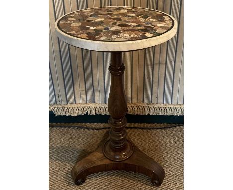 A Victorian rosewood and specimen marble inlaid circular pedestal tripod occasional table, the removable top containing vario