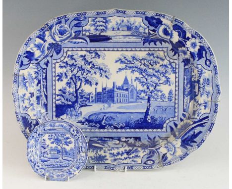 A John and William Ridgway blue and white transfer decorated meat dish, circa 1830, from the 'Angus Seats' series, 42 x 54cm,