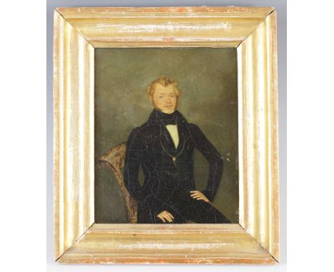 Early 19th century English school - half-length portrait of a young gentleman wearing a black overcoat, oil on tin, 19 x 15.5