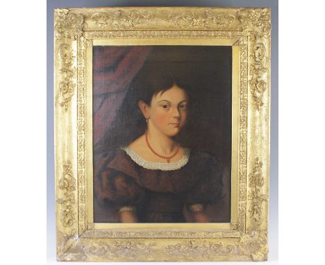 Mid-19th century English school - Bust portrait of a young girl wearing a beaded coral necklace, oil on canvas, 56 x 44cm