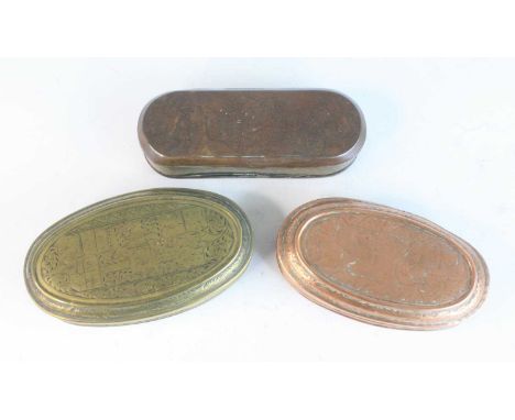 Two 18th century Dutch tobacco boxes, one brass and one copper, each of oval form with two-piece hinge, the lids engraved wit
