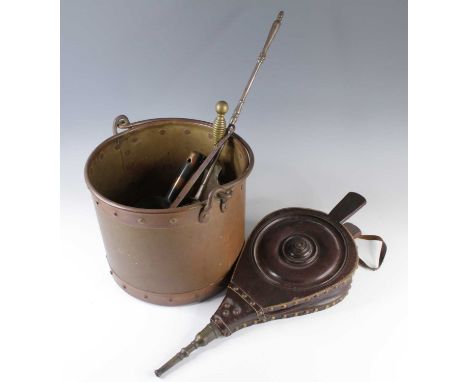 A pair of Victorian oak and brass studded leather bellows, 58cm, together with a copper coal bin or riveted construction and 