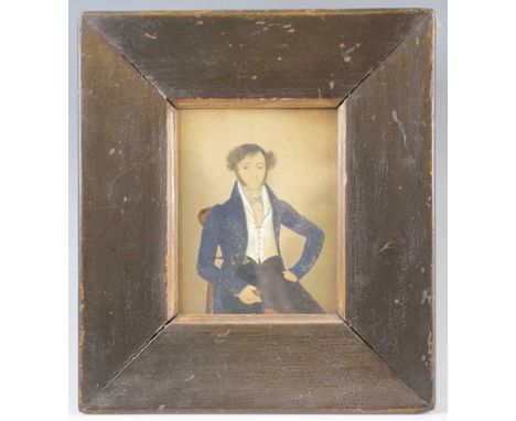 Mid-19th century English school - half-length portrait of a seated gentleman wearing a black jacket, miniature watercolour, 1