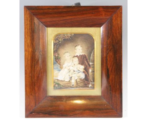 Mid-19th century English school - Portrait study of three young siblings, watercolour heightened with white, 18 x 13.5cm, the