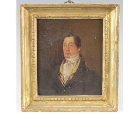 Early 19th century English school - Head and shoulders portrait of a gentleman wearing a silk neck scarf, oil on oak panel, 1