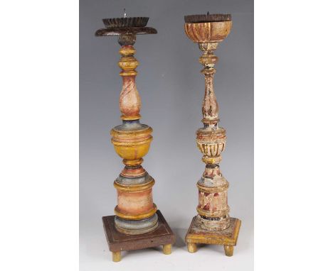 A 19th century Italian polychrome painted pricket stick, having a knopped and ring turned column, h.50cm; together with a fur