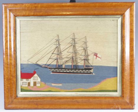 A pair of Victorian sailor's woolworks 'Setting Sail' and 'Returning Home', each as a three-masted frigate flying the British