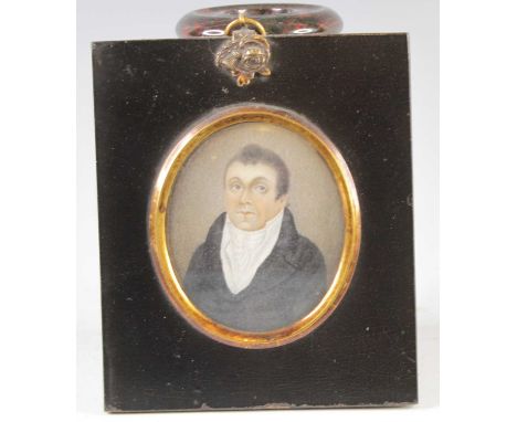 19th century English school - Bust portrait of a man wearing a white neck scarf, miniature watercolour on ivory, framed as an