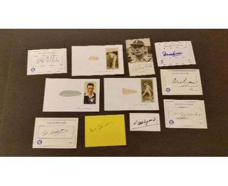 CRICKET, signed blanks cards, pieces (laid down) etc., England Test players, inc. Bedser, D'Oliveira, Graveney, Hollies, Hutt