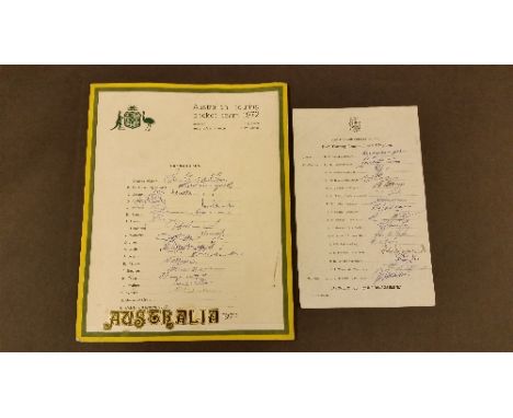 CRICKET, signed official teamsheets, 1972 Australia (17 of 19 signatures), G & I Chappell, Colley, Edwards, Inverarity, Marsh