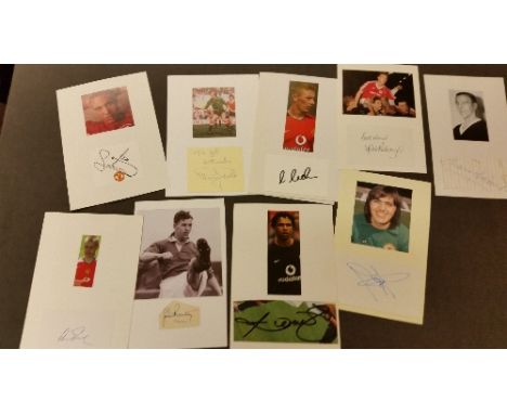 FOOTBALL, signed white cards & pieces by Manchester United players, inc. Stiles, Robson, G. Neville, Nani, Stepney, Stapleton