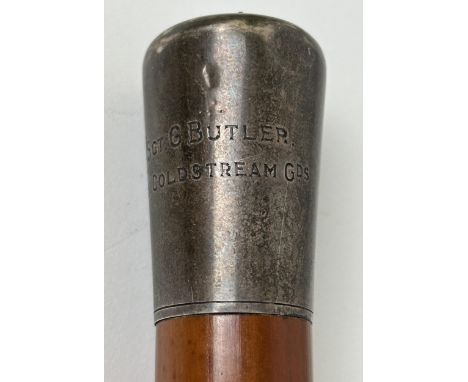 A malacca walking stick, with a regimental top, engraved L/Sgt G Butler, 3rd Bn Coldstream Gds 
