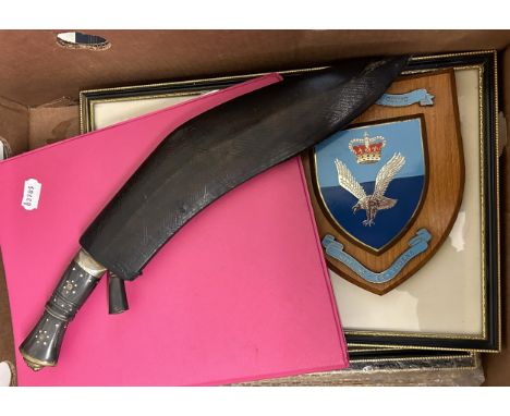 A Kukri, with a small knife, in a scabbard, a group of military prints, a 14 Flight Army Air Corps plaque, and four silver pl