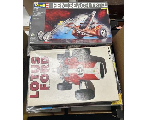 A Revel Harley Davidson Chopper model set, No 7928, No 7932, No 7950, No 7932, and a Japanese Lotus Ford 1:16 scale model set