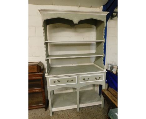 GOOD QUALITY GREEN AND CREAM PAINTED DRESSER WITH TWO OPEN SHELVES, THE BASE WITH TWO DRAWERS WITH OPEN SHELF UNDER   