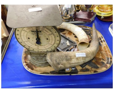TRAY OF MIXED HORNS, SET OF SALTER SCALES ETC   
