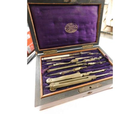ROSEWOOD BOX OF VINTAGE BRASS DRAWING INSTRUMENTS   