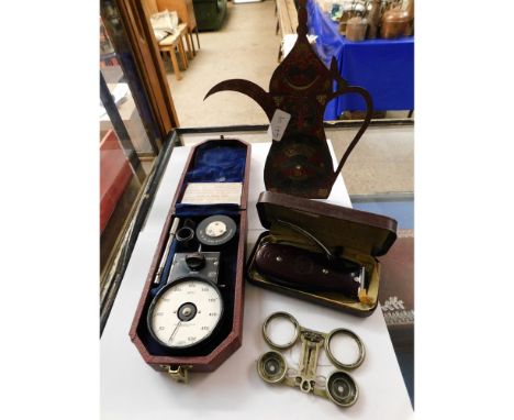 BOX OF MIXED TOOLS, PAIR OF FOLDING OPERA GLASSES, BOXED RAZOR ETC   