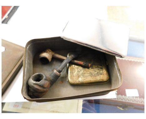 VINTAGE TIN CONTAINING MIXED PIPES, INDIAN ETCHED BRASS CIGARETTE CASE ETC   