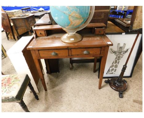 RUSTIC PINE LADIES DESK WITH OPEN SHELF FITTED WITH TWO DRAWERS AND SCALLOPED CUP HANDLES ON TAPERING SQUARE LEGS   