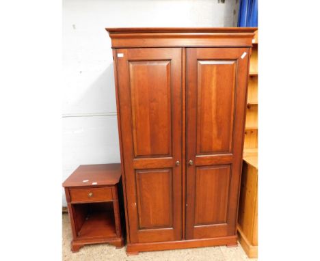 CHERRY WOOD DOUBLE DOOR WARDROBE TOGETHER WITH A FURTHER BEDSIDE CUPBOARD WITH SINGLE DRAWER AND OPEN SHELF   