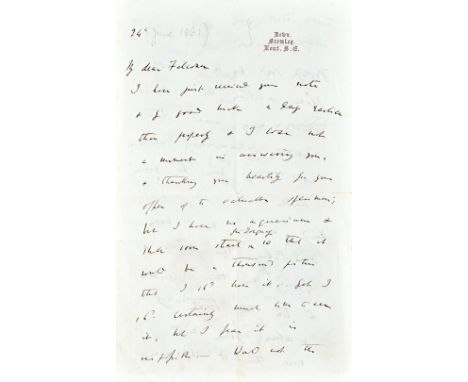 DARWIN, Charles (1809-82).  An autograph letter, signed, to Hugh Falconer, three-pages, on paper with printed heading "Down, 