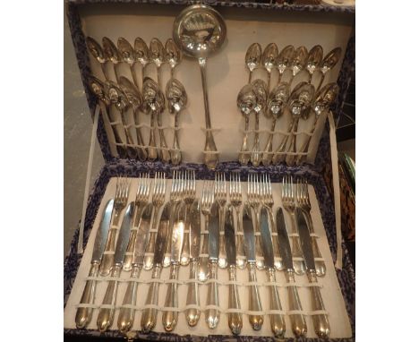 Boxed Christofle Alfenide silver plate forty eight piece cutlery set and a ladle