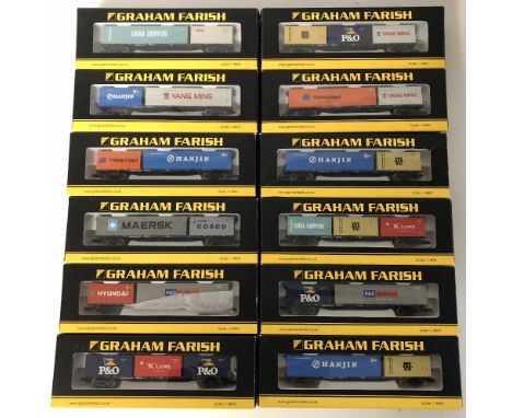 Graham Farish N gauge rake of twelve 63ft container flat freight wagons all with container loads
