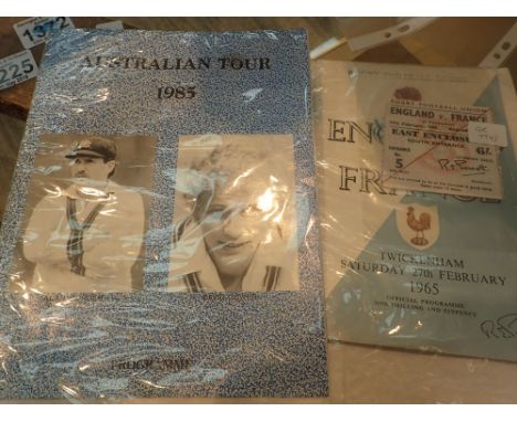 Two rugby programmes England v France 1965 with ticket and signed by RFU president and Australian cricket 1985