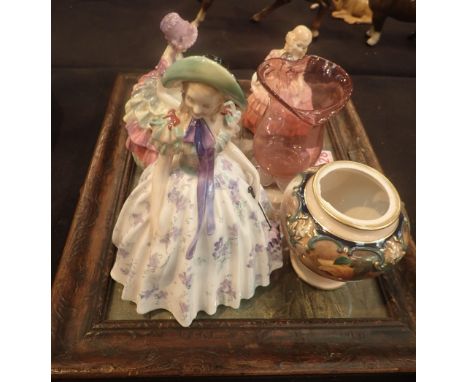 Three Royal Doulton figurines Royal Worcester Hadley jar and a cranberry glass jug ( all A/F) with a print after Fulton A Mut