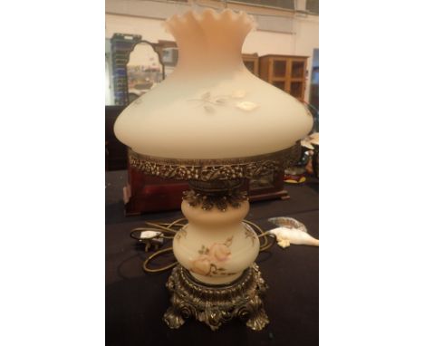 Lamp with pale green glass shade painted with roses