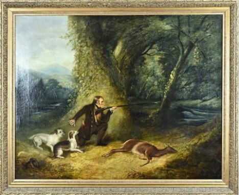 English School. 19th Century. Landscape with hunter, deer and hunting dogs lower left residual signature GG...Old? 1891. Oil 
