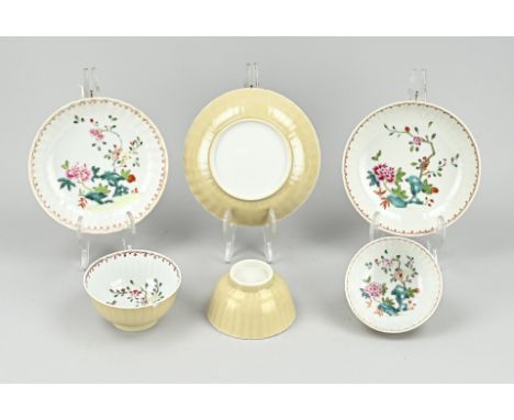 Three Chinese porcelain cups + saucers with chamois glaze + garden decor. Two cups chip. One cup good. Two saucers chip. One 