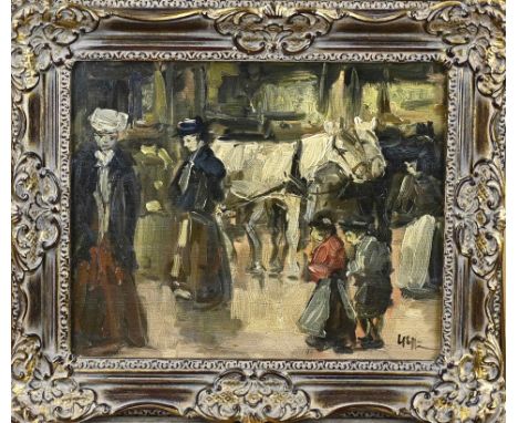 Unclear. 20th century. Street scene with horses and figures. Oil on panel. Dimensions: H 24 x W 30 cm. In good condition.