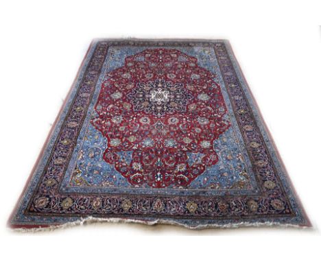 Beautiful large, hand-knotted Persian Sarough carpet. Colors: Red, blue with floral decor. Size: 340 x 235 cm. In good condit