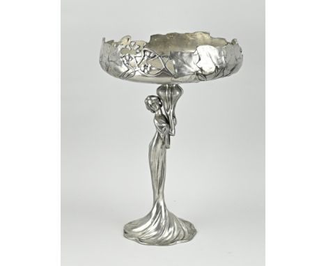 Signed, antique, white metal art nouveau tazza by Achille Gamba. 20th century. Size: 38 cm. In good condition.