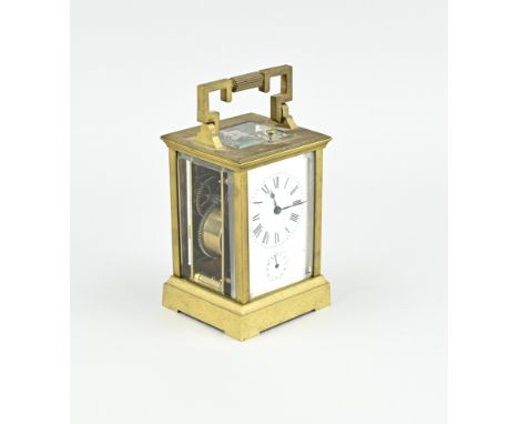 Antique French travel clock with striking mechanism on bell. Enclosure good. Circa 1900. Size: 15 cm.