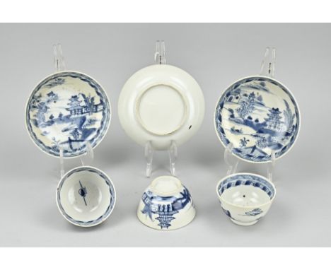 Three 18th century Chinese porcelain cup + saucers with pagoda/figures in landscape decor. Cheng Lung. Three cups hairlines +