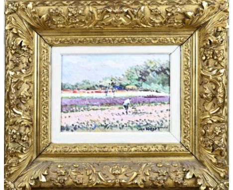van Noort. Dutch School. Flower bulb fields with figures near Hillegom. Oil on panel. Dimensions: H 18 x W 25 cm. In good con